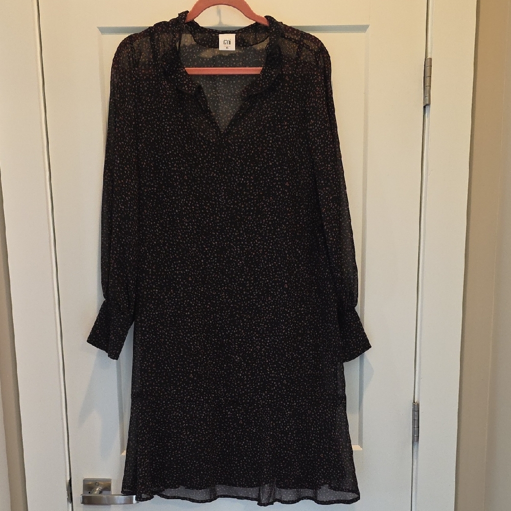 CAbi Black Long Sleeve Sheer Ruffle Neck Dress with Mini Leopard Inspired Detail